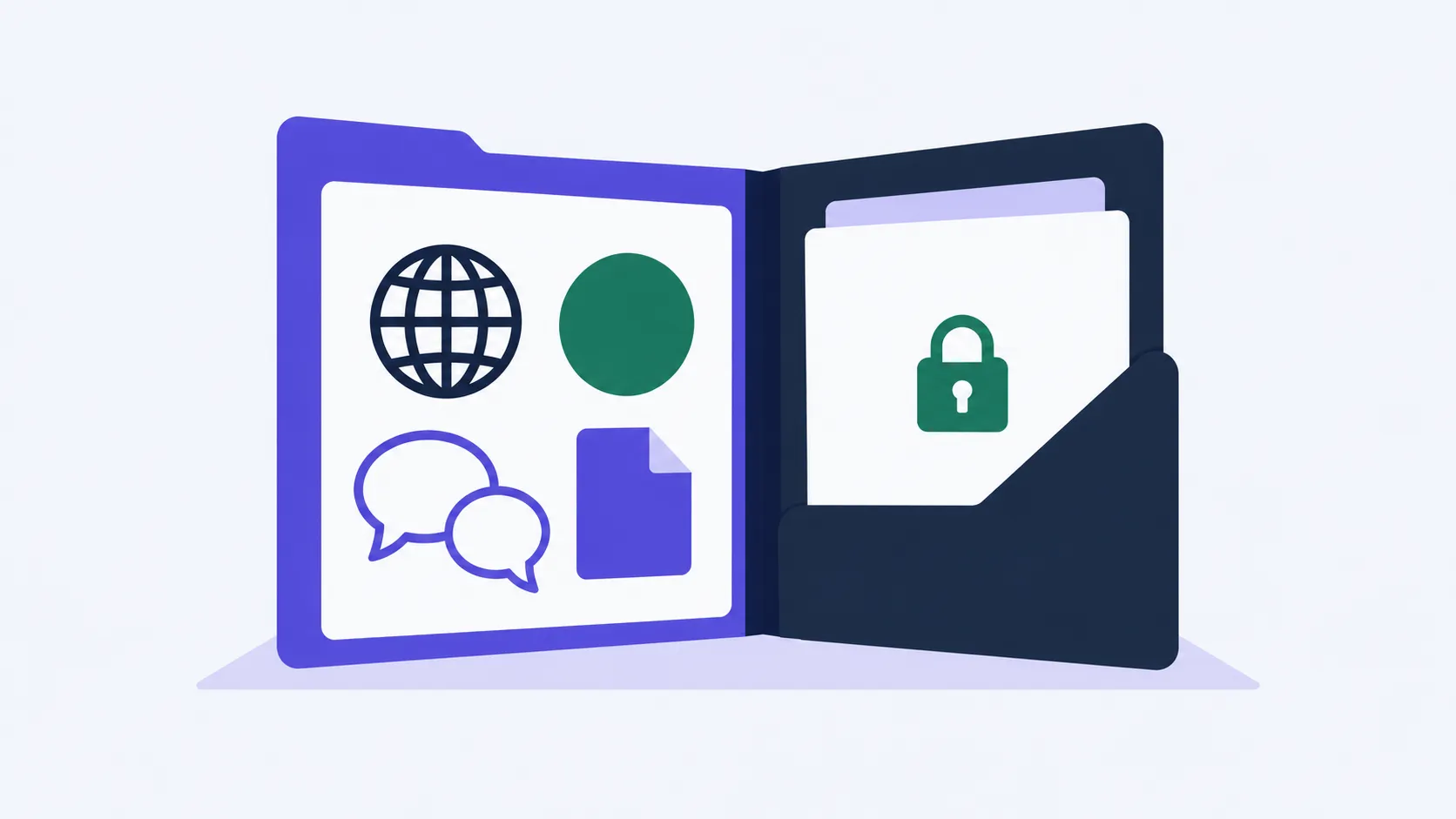 An open folder separates shareable publishing requirements from internal documents protected by a lock.