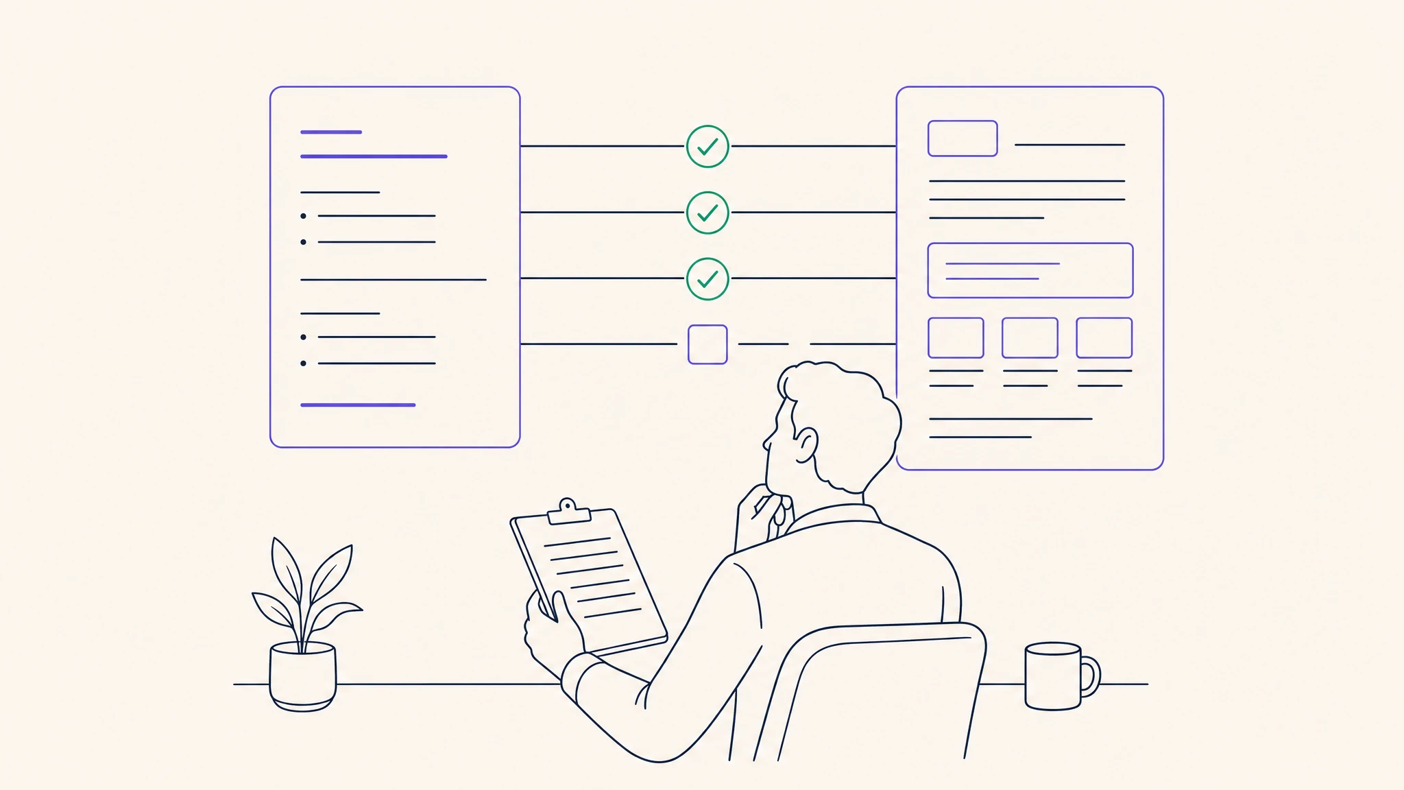 Quotation and publisher page linked by three checked terms and one open question in a guest post supplier checklist.